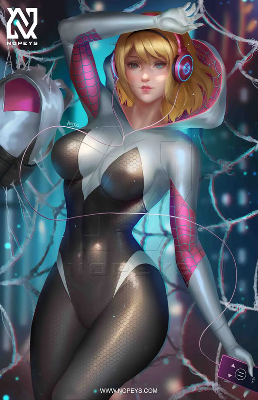 anime-style print of Spider-Gwen – swinging in mid-air with hood up and web lines trailing.
