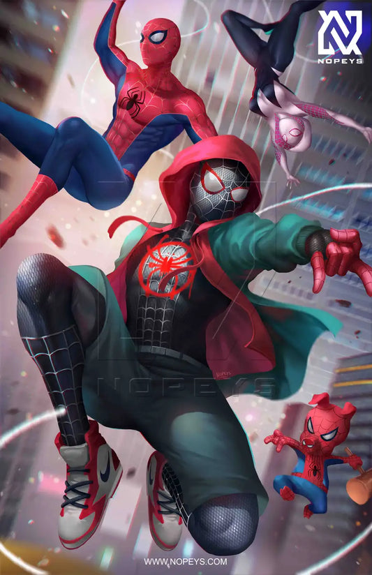 anime-style print of Spider-Verse team – Miles, Gwen, Spider-Ham, and Peter swinging together.