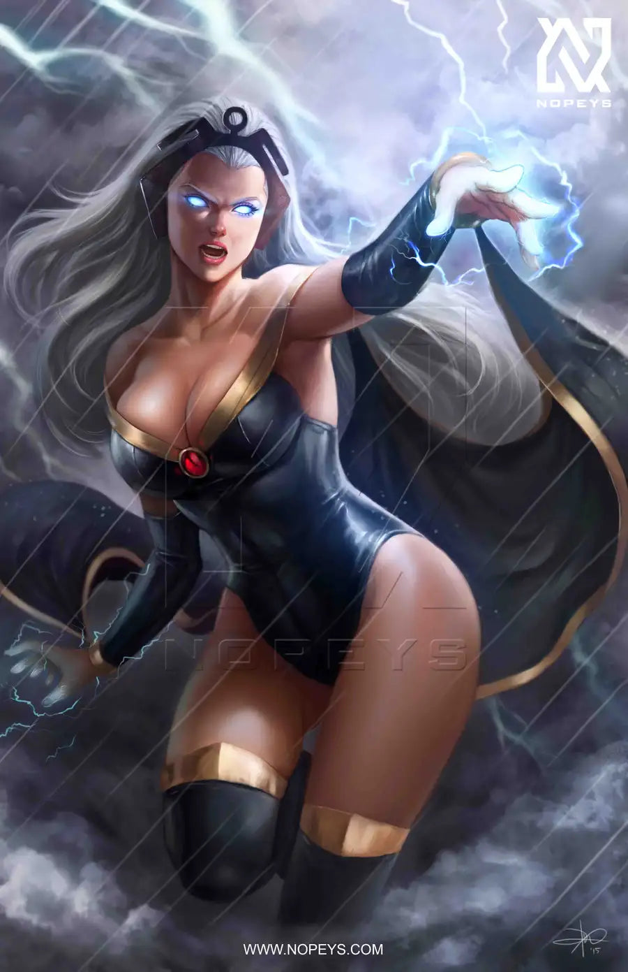  anime-style print of Storm – mid-flight with lightning and cape sweeping the sky in X-Men tribute.
