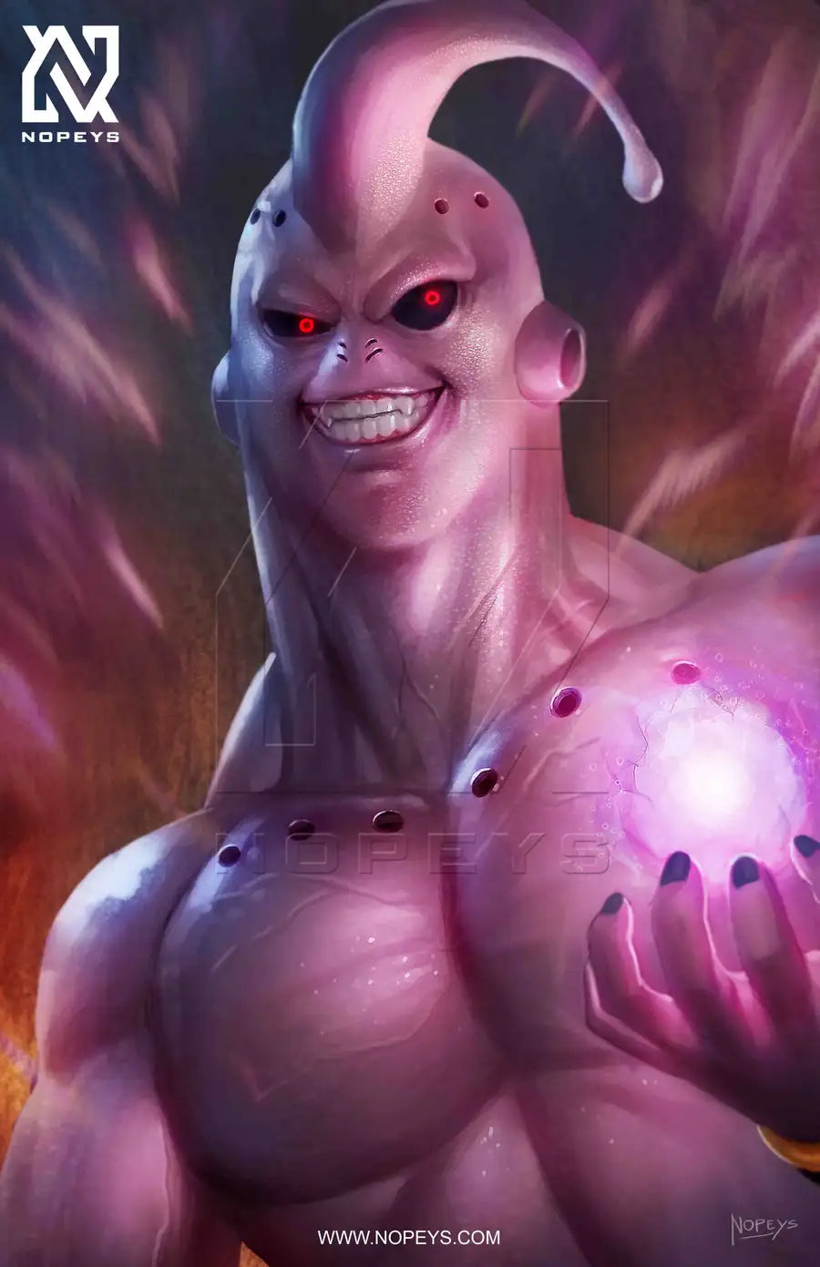 Anime-style print of Kid Buu mid-chaos from Dragon Ball Z with glowing energy and wild expression.