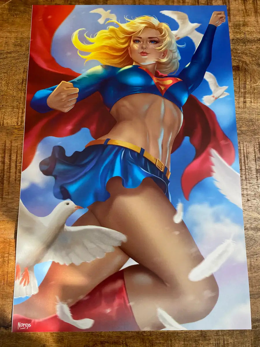 11x17 anime-style print of Supergirl flying with doves – elegant superhero tribute blending flight and symbolism.