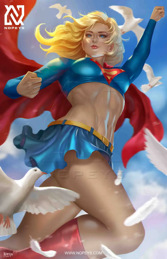 anime-style print of Supergirl flying with doves – elegant superhero tribute blending flight and symbolism.