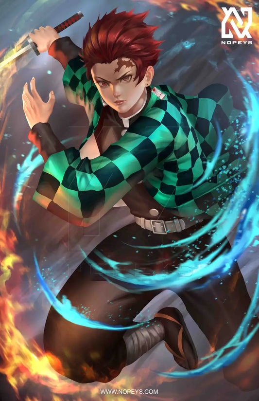 anime-style print of Tanjiro Kamado from Demon Slayer – sword drawn in mid-action, showing water breathing form.