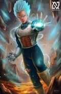 anime-style print of Vegeta in Super Saiyan Blue form – aura flaring, eyes locked in power.