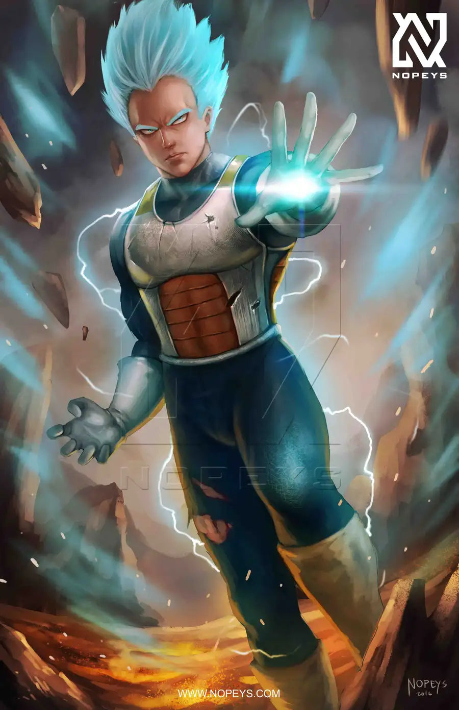 anime-style print of Vegeta in Super Saiyan Blue form – aura flaring, eyes locked in power.