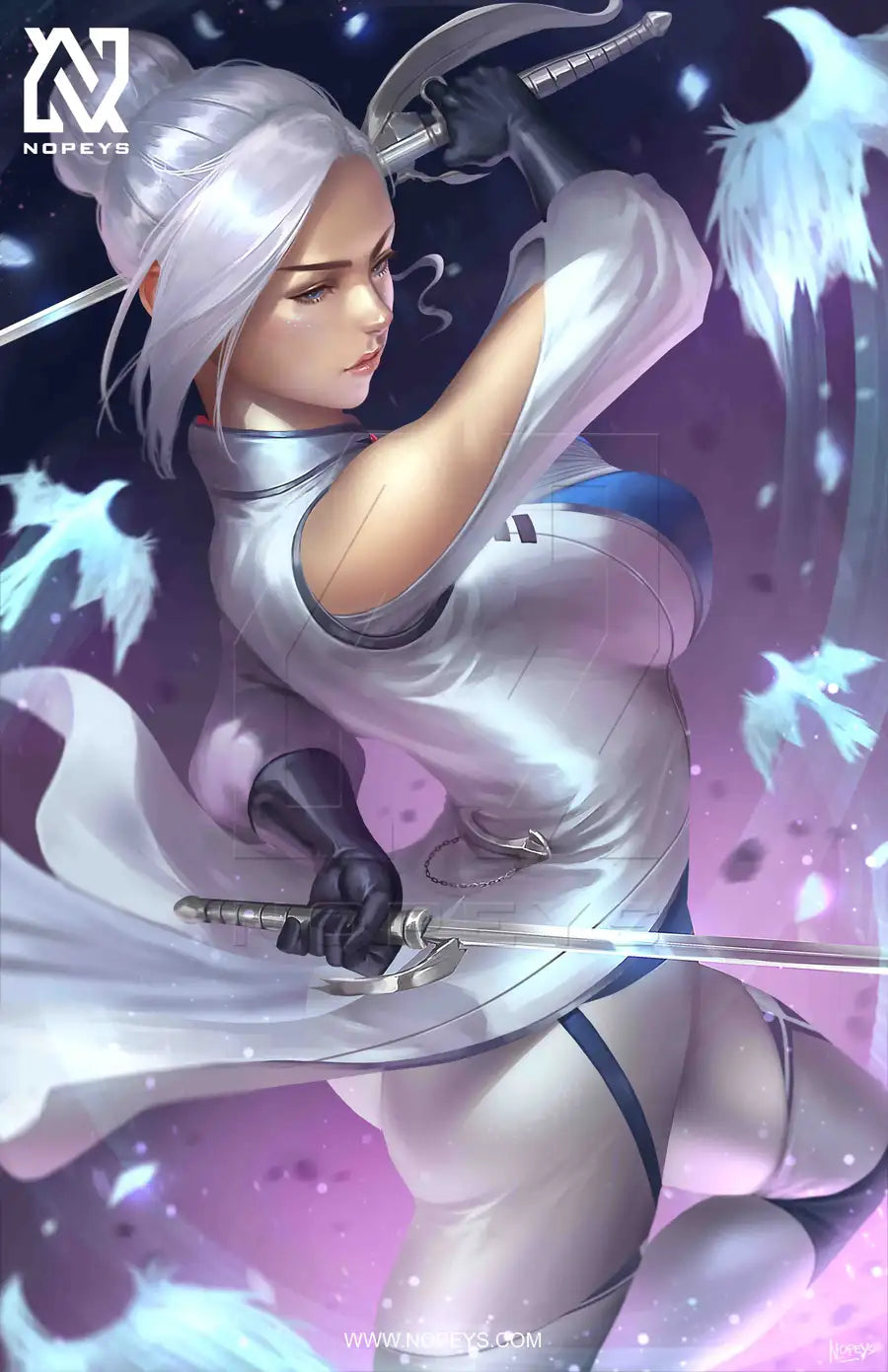 anime-style print of Winter Schnee from RWBY – poised in her combat stance with refined authority and icy grace.