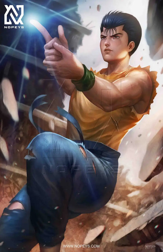 anime-style print of Yusuke Urameshi – green outfit, Spirit Gun pose, and focused battle energy.
