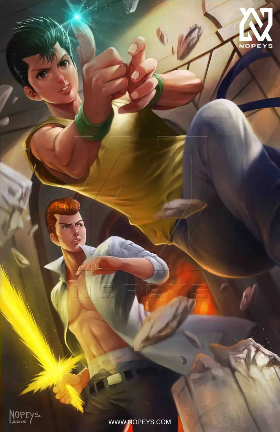 Anime-style wall art featuring two male fighters clashing with spirit energy in a dynamic battle scene