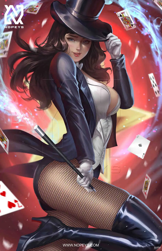  anime-style print of Zatanna from DC Comics – magician pose with spellcasting elegance and classic stage style.