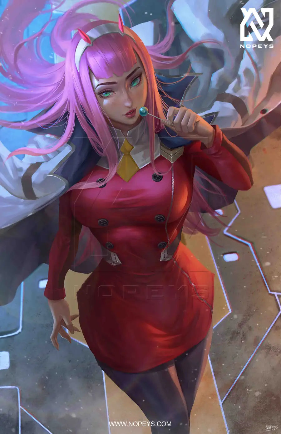anime-style print of Zero Two – red bodysuit, horns, smirk, and intense futuristic energy.