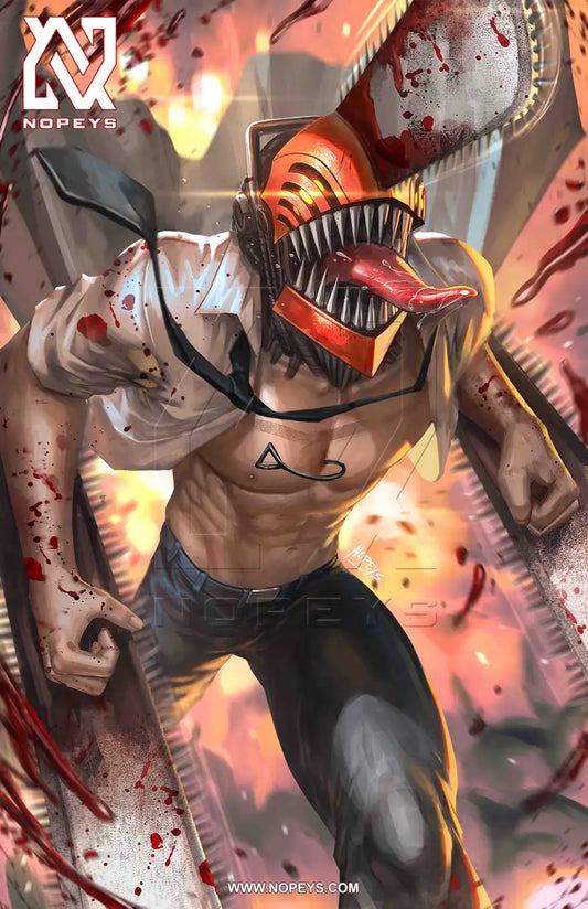 Chainsaw Fury wall art on 12x18 canvas, showcasing Denji in his Chainsaw Man form with a chainsaw weapon.